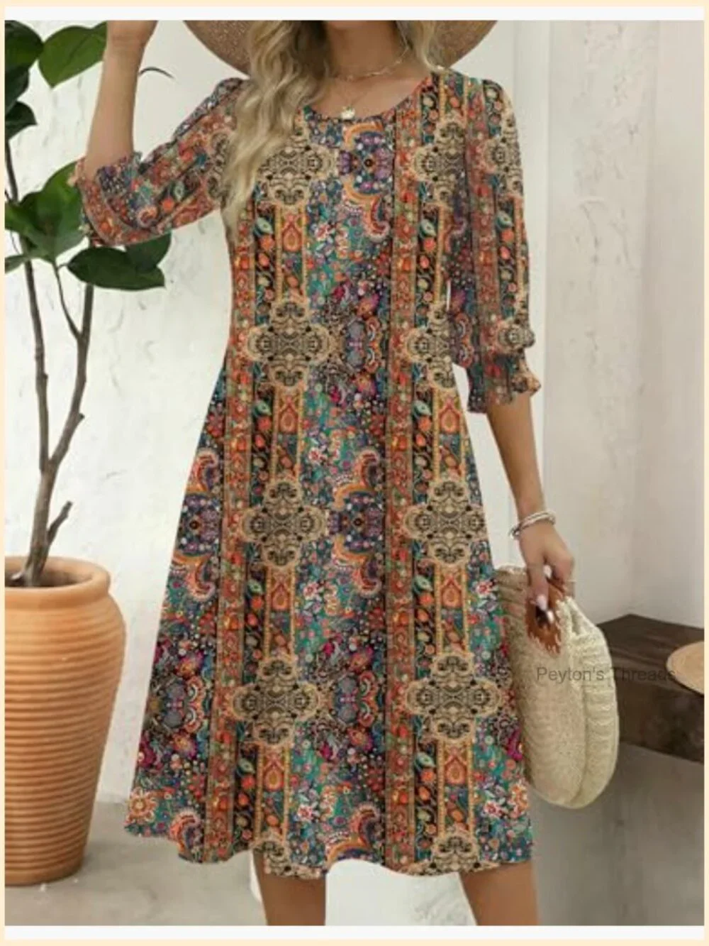 3/4 Sleeve Floral Midi Dress with Pockets Loose Fit Pull On